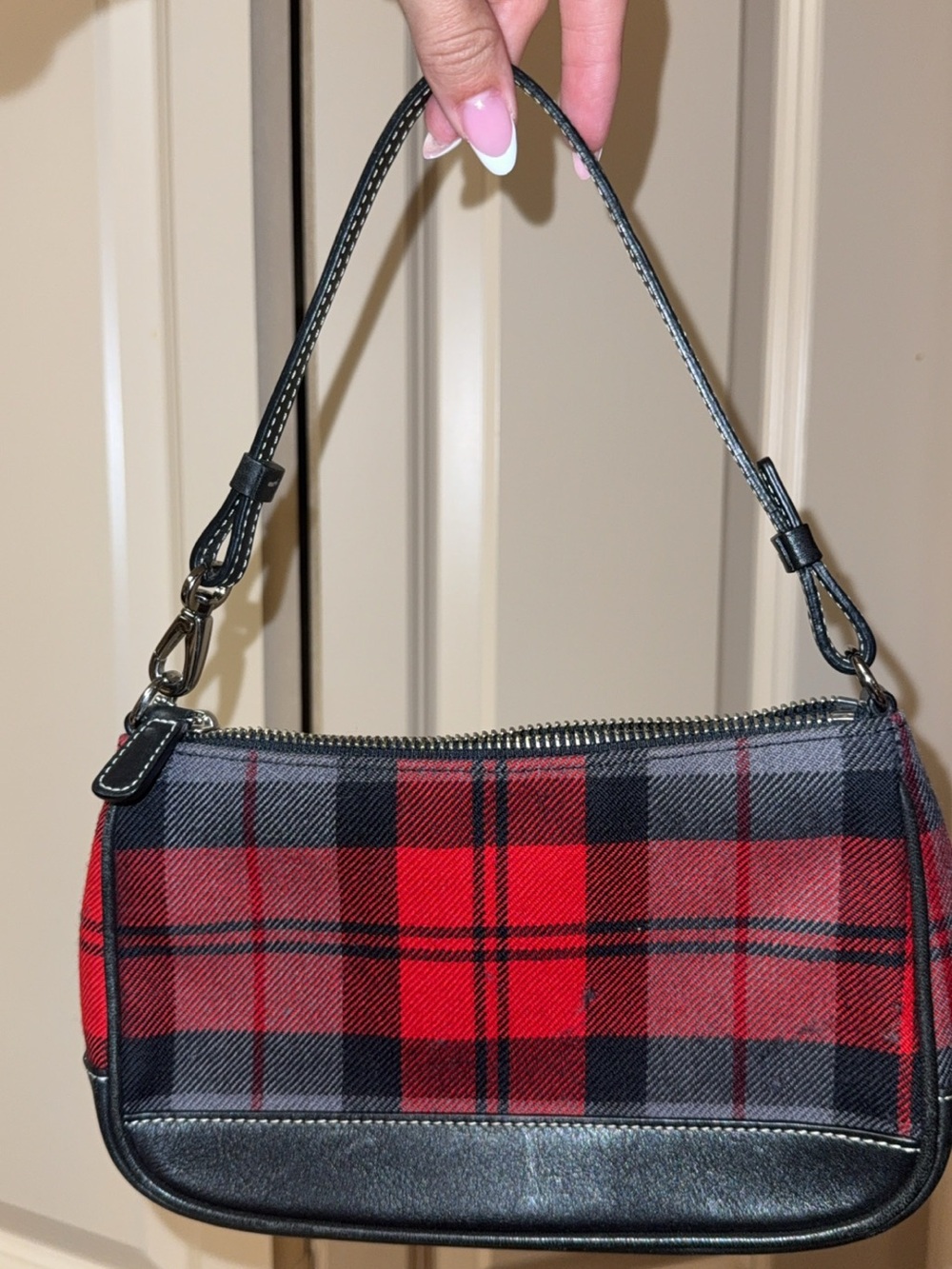 Coach Red and Gray Plaid Mini Shoulder Bag with Black Trim - Picture 2 of 5